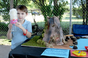 Farmersville second grade student Leo Miller shows off the mixture that makes his volcano erupt at the annual Physics Phair.
