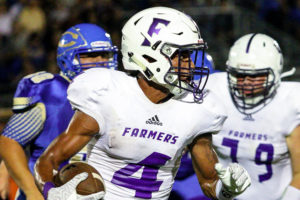Farmersville's Caleb Twyford finds some running room along the right side of the offensive line last Friday during a 24-13 win at Community. Emory Rains comes to town 7:30 p.m. Friday for Homecoming. For the full story and additional photos see this week's Sports.