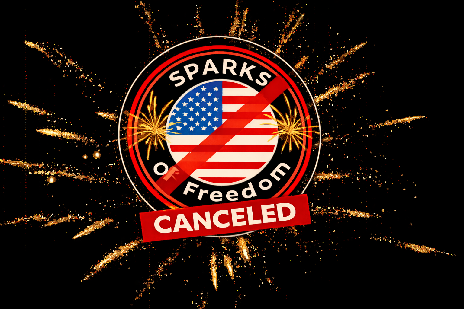 Event cancellation announcement with fireworks